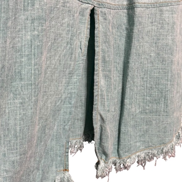 Umgee Linen Cotton Raw Fringe Hem Split Back Button Front Teal Lagenlook Blouse - Picture 9 of 11